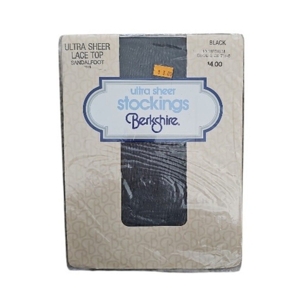 Vintage Berkshire Ultra Sheer Stockings M Black Lace Top Sandalfoot NOS 80s